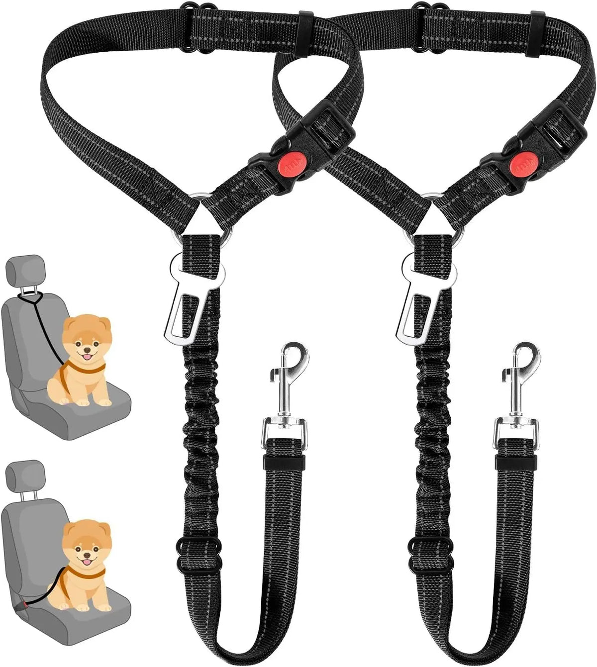 Adjustable Dog Car Seat Belt with Elastic Bungee and Reflective Stitching
