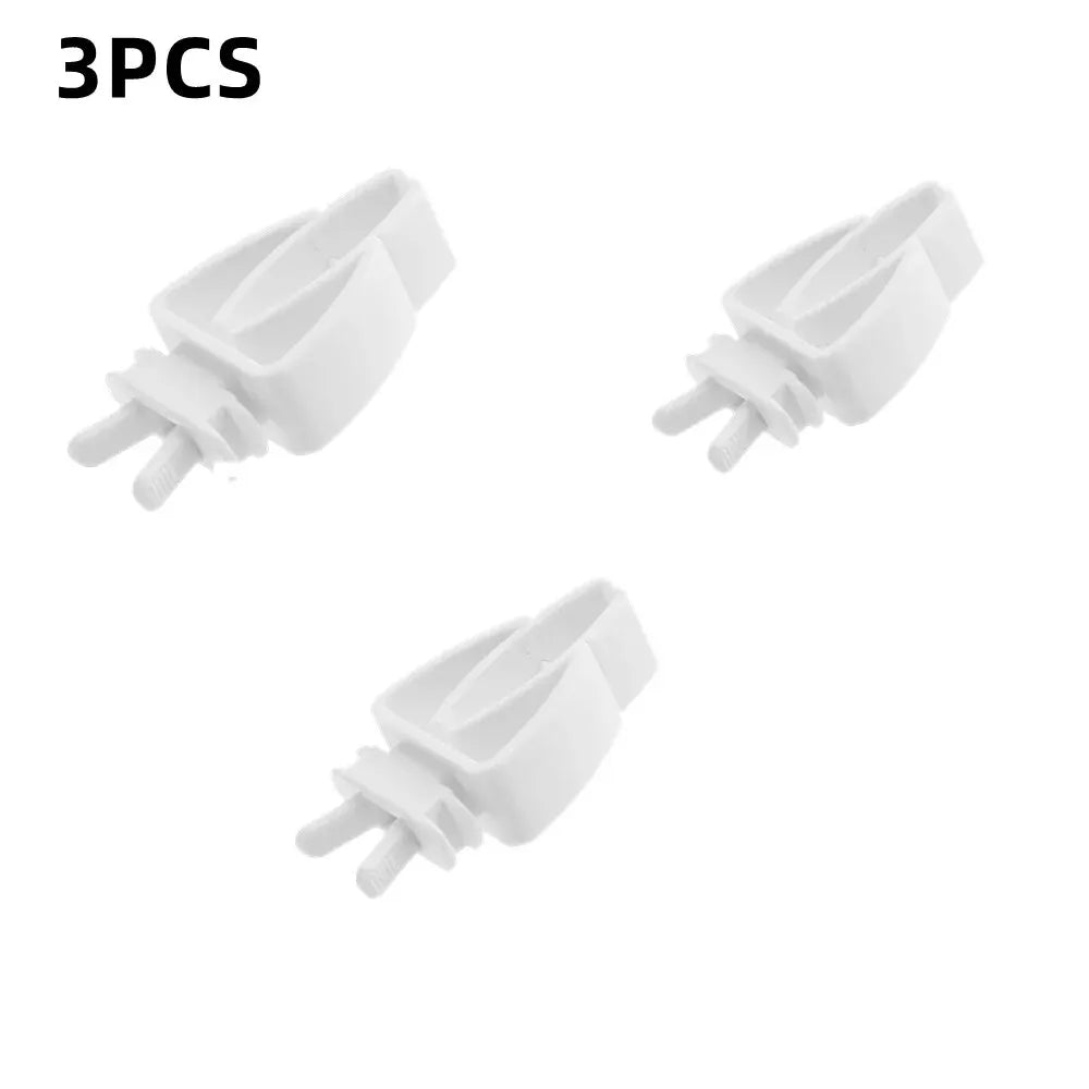 Three white adjustable bird food clips or cages accessories.