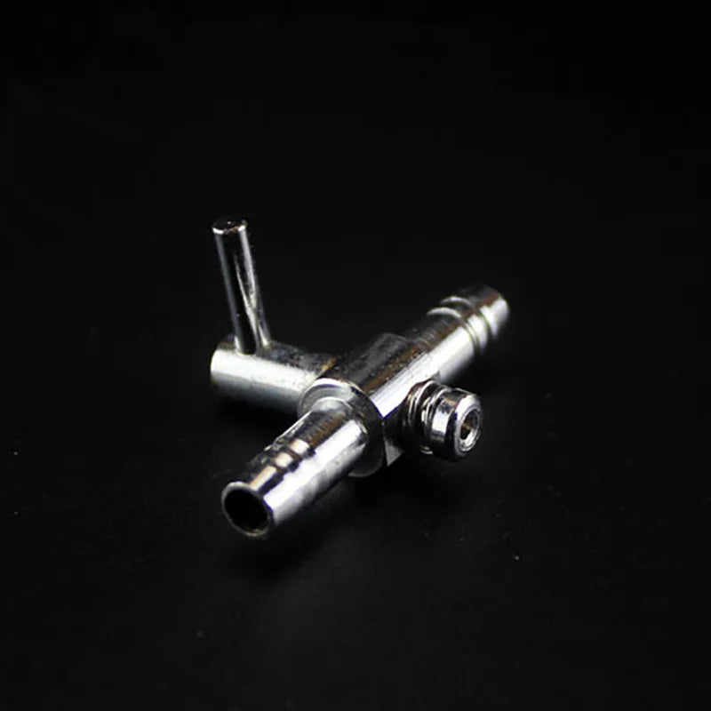 A stainless steel aquarium air splitter valve with a vertical tube and a threaded outlet.