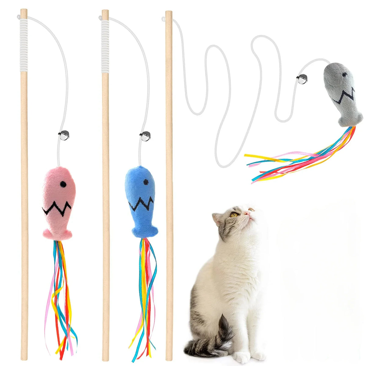 Interaktives Katzenstäbchenspielzeug mit Holzgriff und grauer Katzenfigur, die an einem Faden hängt