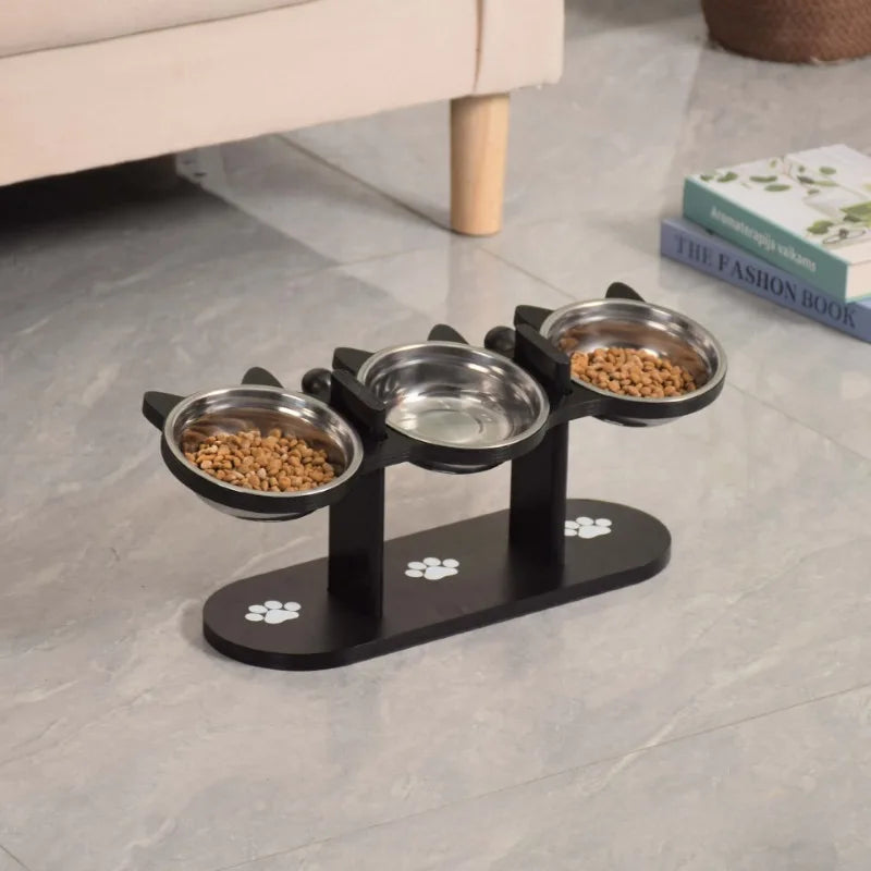 Comedero Elevado para Gatos de 3 Niveles con Base de Madera y Acero Inoxidable