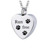 Silver stainless steel heart-shaped pet memorial necklace with paw prints engraved on the surface