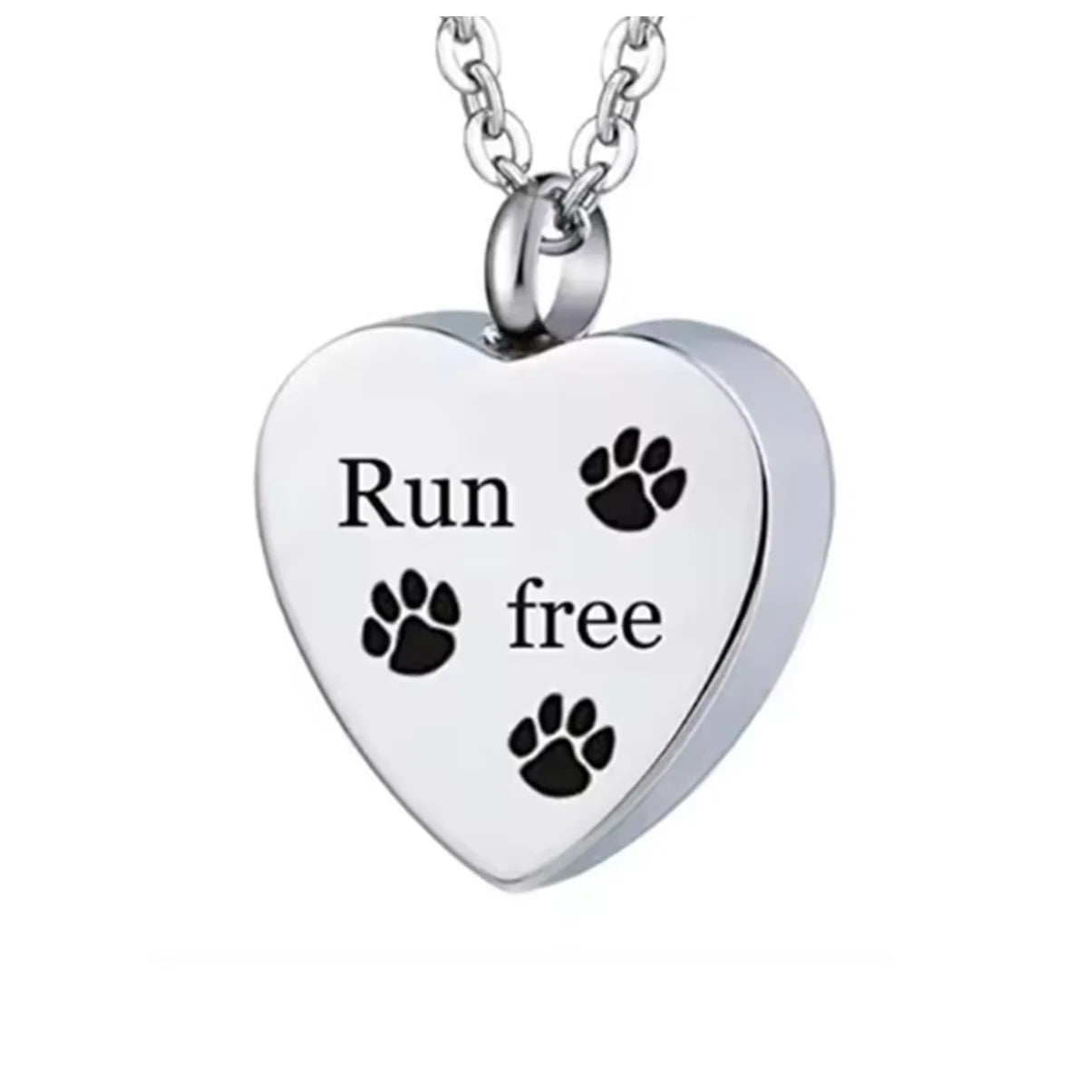 Silver stainless steel heart-shaped pet memorial necklace with paw prints engraved on the surface
