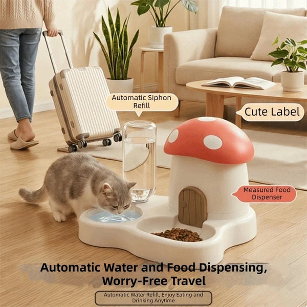 A white mushroom-shaped automatic water and food dispenser for cats, featuring a refillable siphon and feeding compartment.