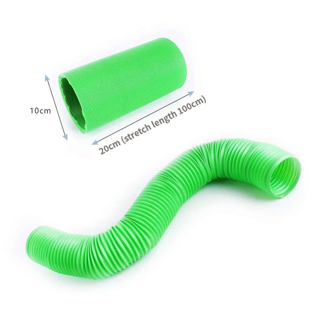 A bright green telescopic pet activity tunnel with a 100cm stretch length shown in various forms.