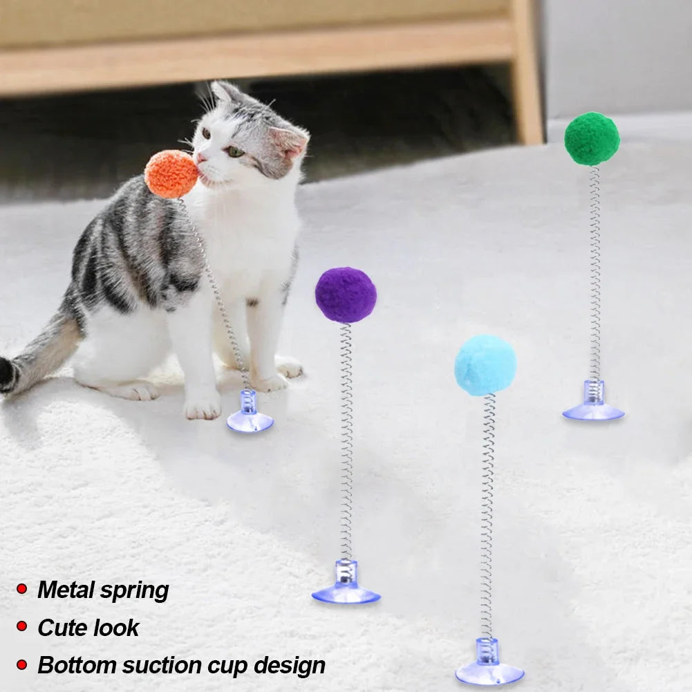 A tabby kitten interacts with a metal spring cat toy featuring colorful foam balls and suction cup bases.