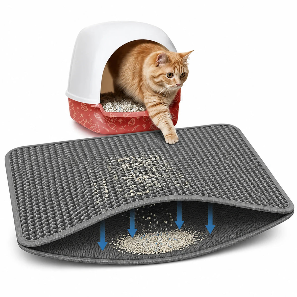 A fluffy orange cat is peering out of a white litter box, with a gray non-slip mat lying in front of it.
