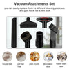 Vacuum attachments set showing various cleaning tools including a brush, adapter, and specialized nozzles for different purpo
