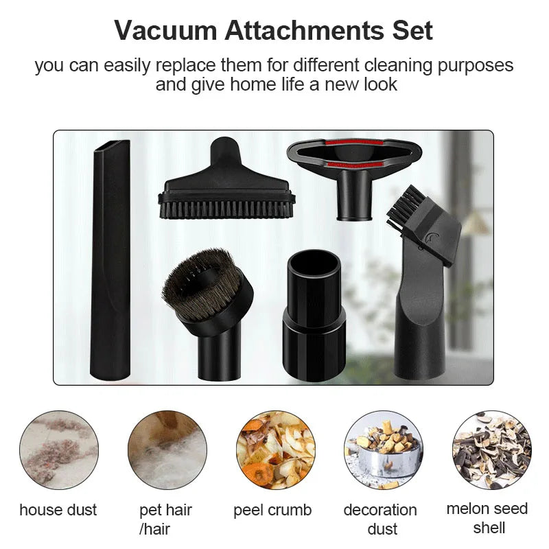 Vacuum attachments set showing various cleaning tools including a brush, adapter, and specialized nozzles for different purpo