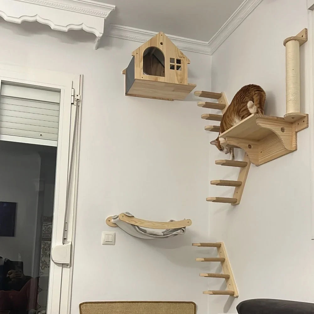 Wall-Mounted Wooden Cat Climbing Set with Sisal Scratching Post and Hammock