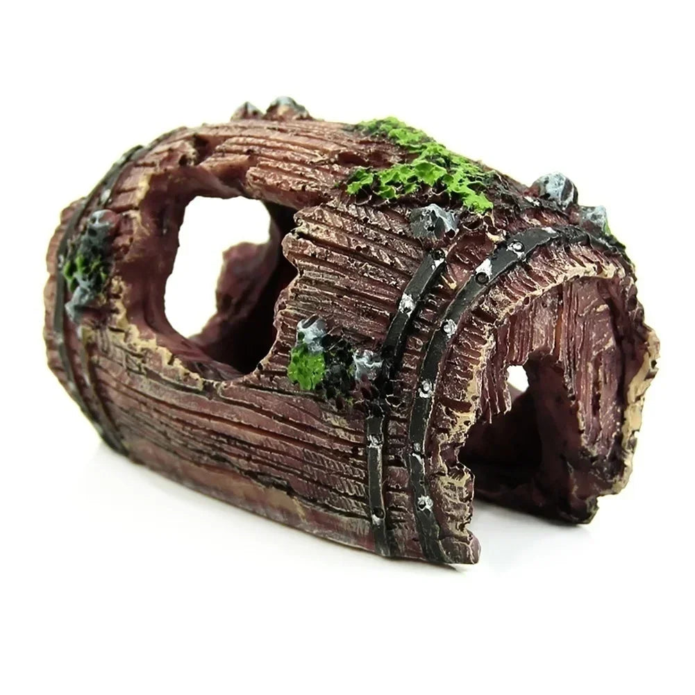 Rustic Resin Barrel Aquarium Ornament with Moss Accents