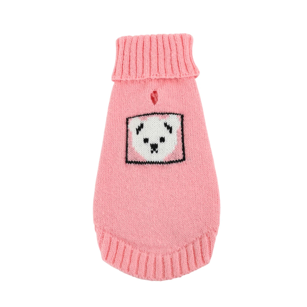 Pink knitted sweater for a dog featuring a white bear face patch