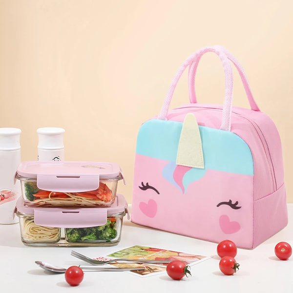 Pink and teal 3D cartoon insulated lunch tote bag with a smiling face and various food items.