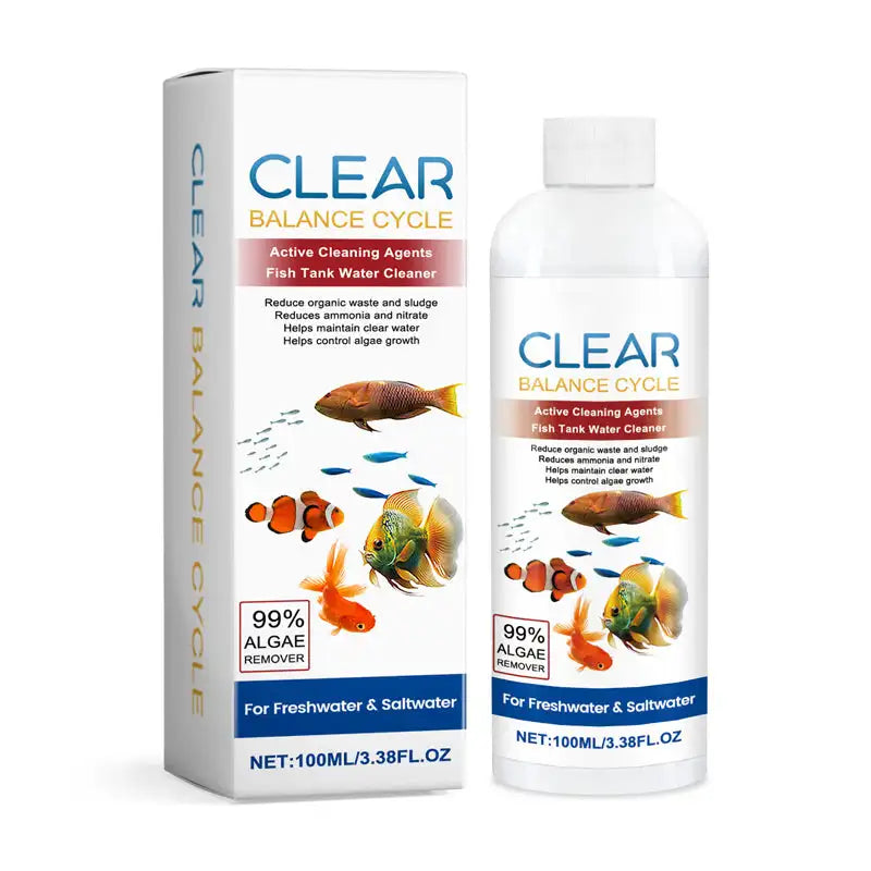A bottle of Clear Balance Cycle active cleaning agents for fish tank water treatment