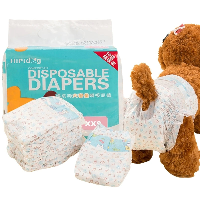 Box of disposable diapers and several reusable sanitary diapers for dogs next to a brown stuffed animal.