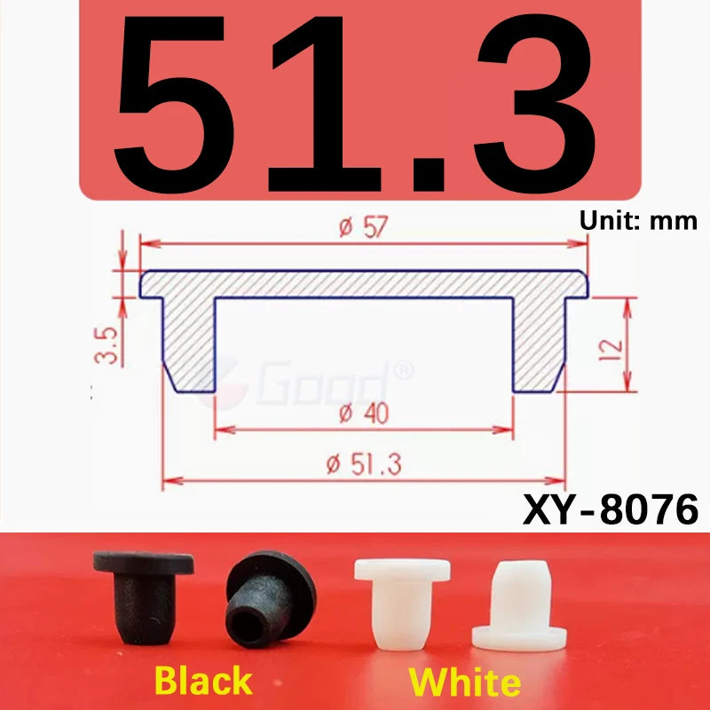 Black and white silicone rubber hole plugs shown next to a measurement diagram.