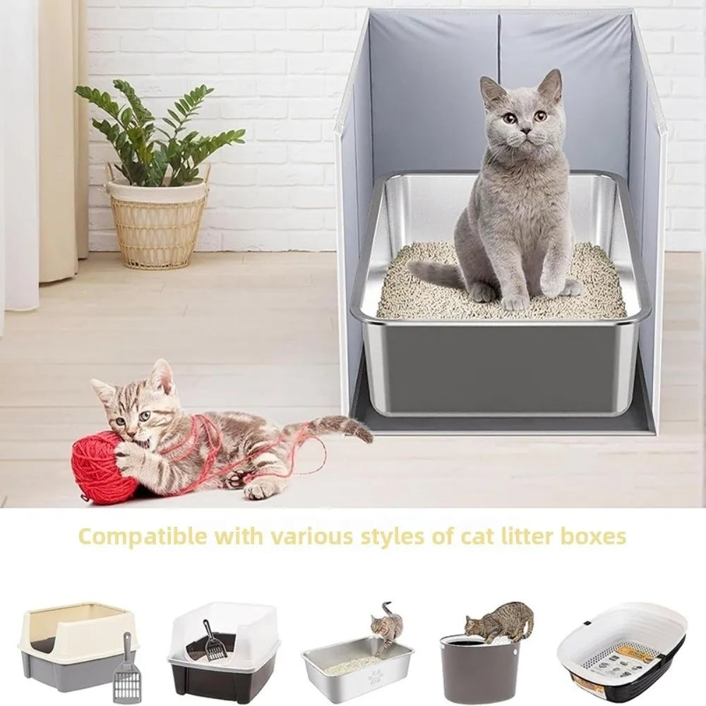 Various styles of cat litter boxes shown, including plastic and ceramic models.