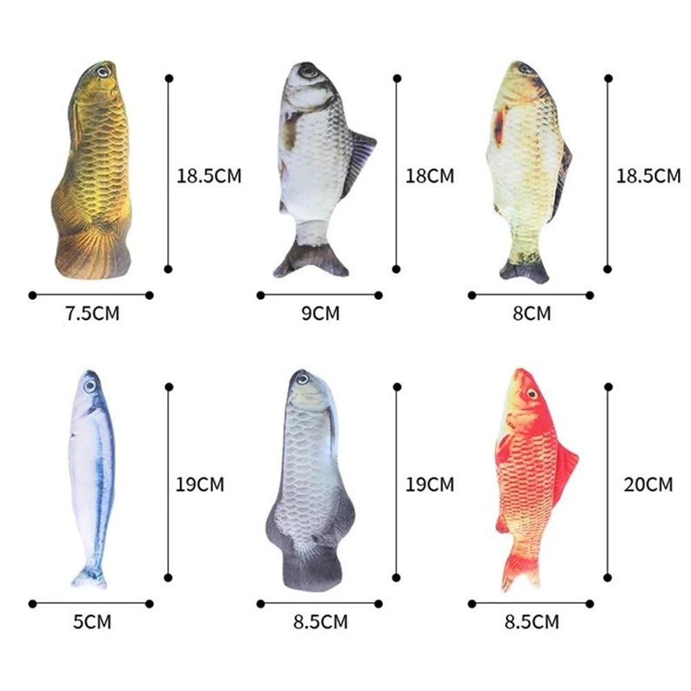 A set of five fish-shaped plush toys in various sizes and colors, demonstrating different dimensions.