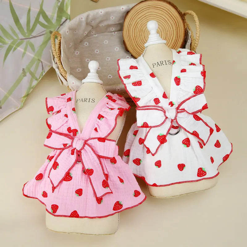 Vestido de Estampado de Fresa para Cachorros con Lazo y Tirantes