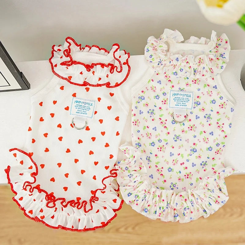 Floral Princess Pet Dress with Heart Print