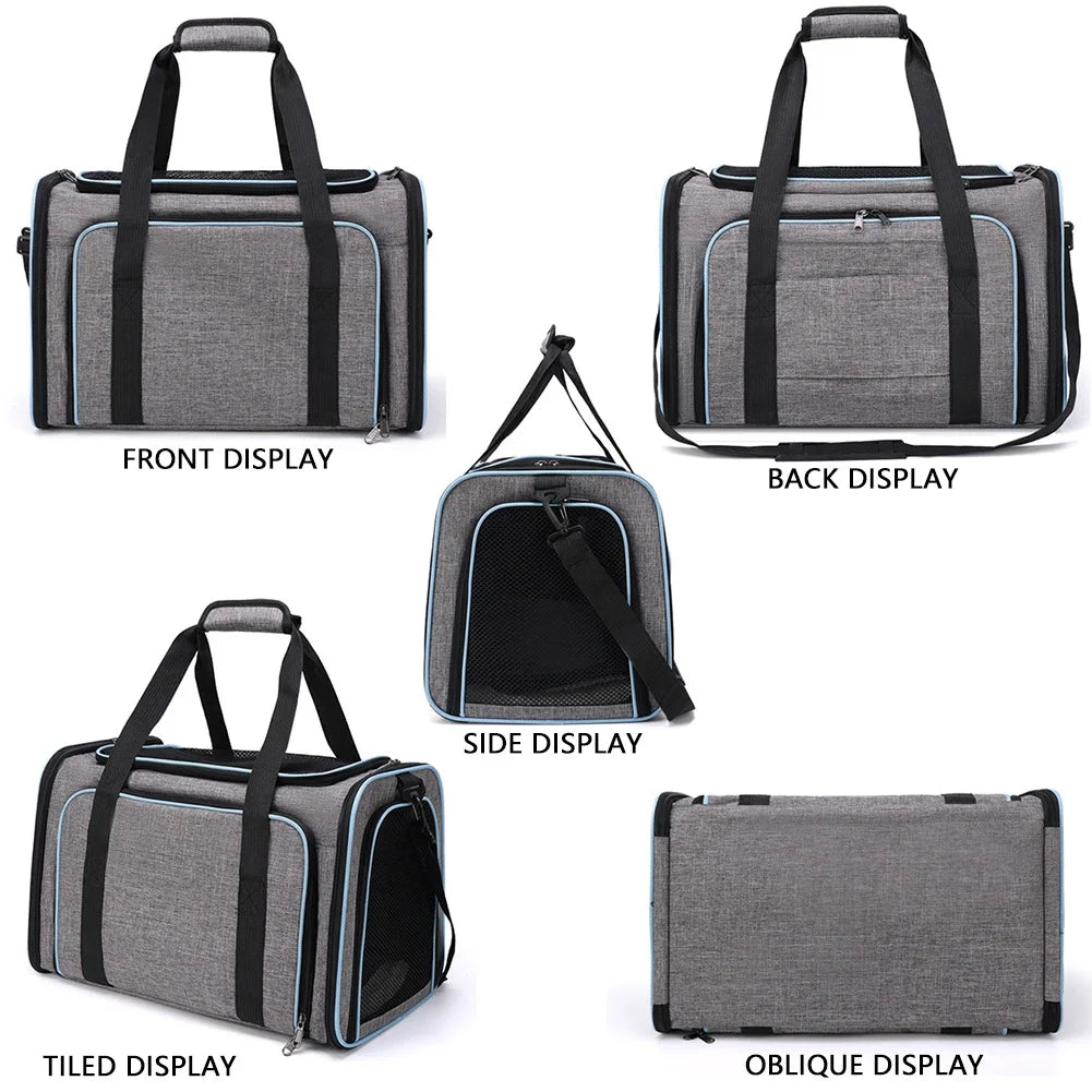 Various views of a gray expandable pet carrier backpack showing front, back, side, tiled, and oblique displays.