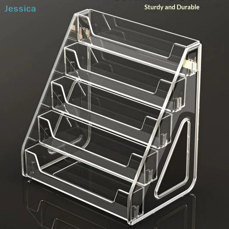 Clear Acrylic Display Stand with Slanted Tiers for Business Cards, Brochures & Cosmetics