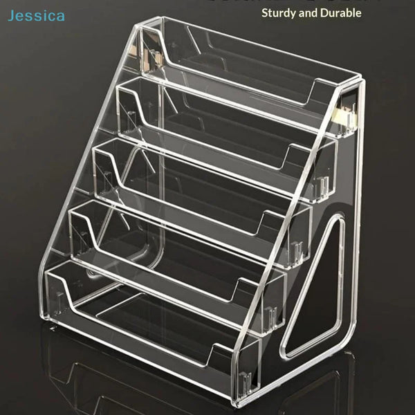 Clear Acrylic Display Stand with Slanted Tiers for Business Cards, Brochures & Cosmetics