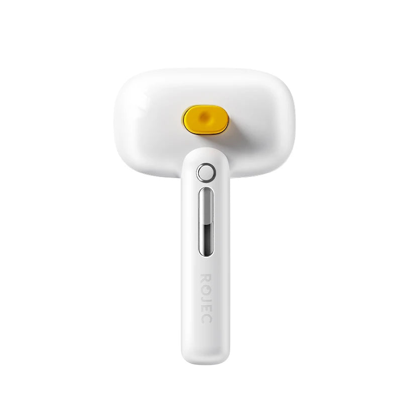 A white steam spray pet grooming brush with a yellow nozzle and a cylindrical handle.