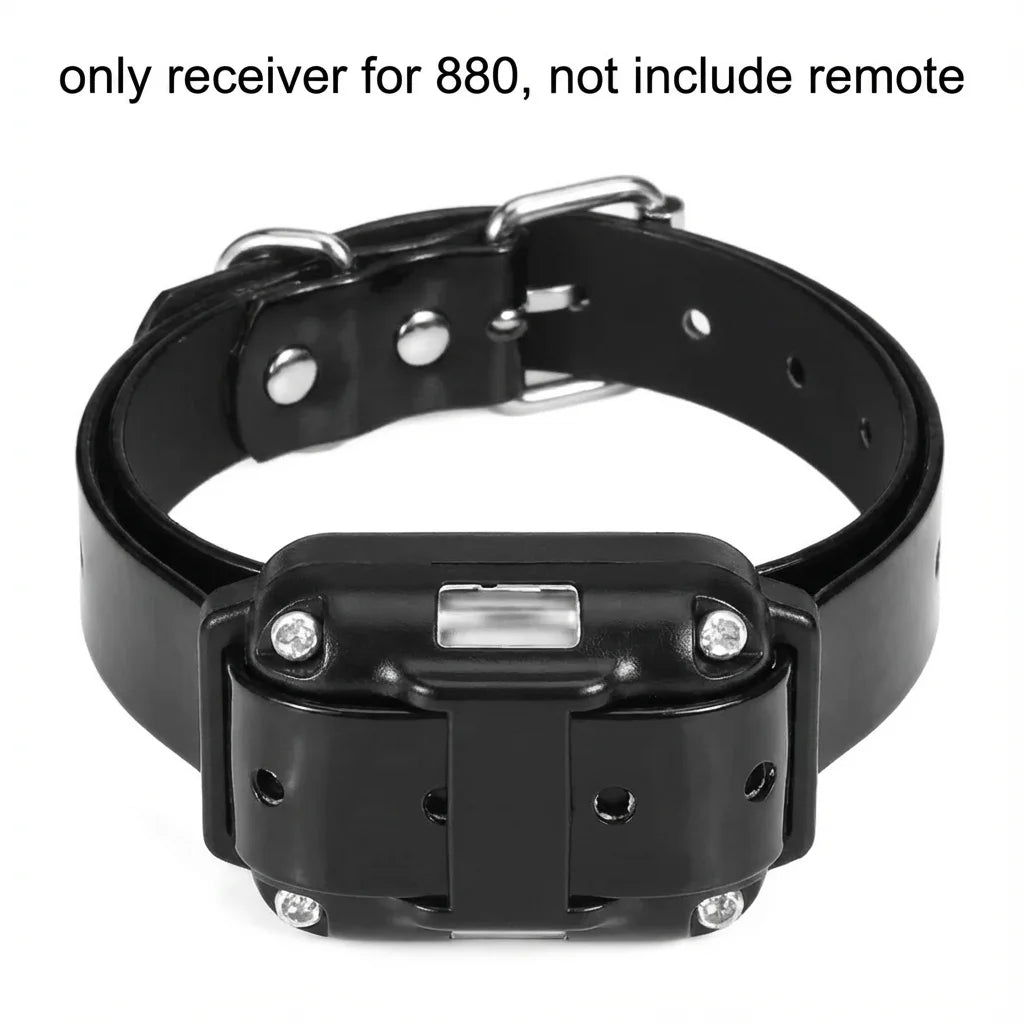 Black receiver for 880 remote control dog training collar with a buckle and strap.