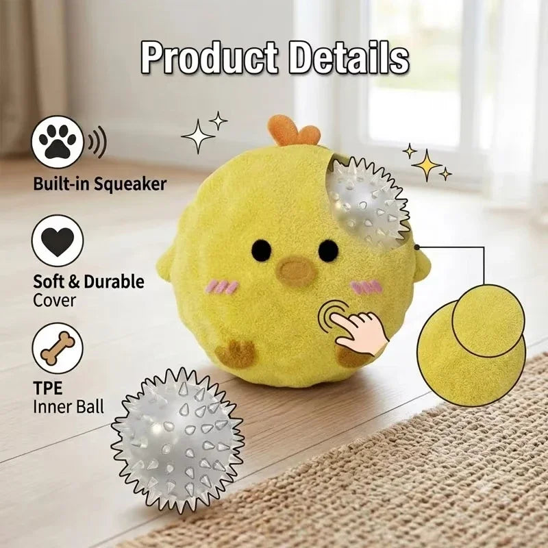A yellow squeaky hedgehog plush toy dog toy with a spiky inner ball and built-in squeaker.