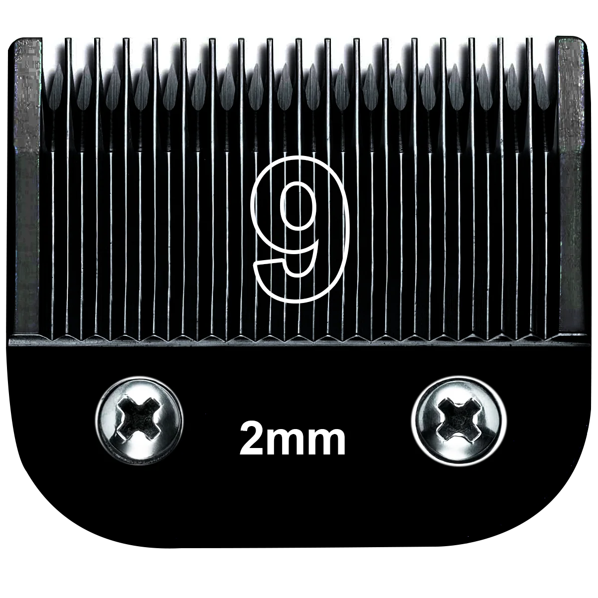 A close-up view of a professional detachable dog clipper blade set with a numbered guide and a 2mm measurement mark.