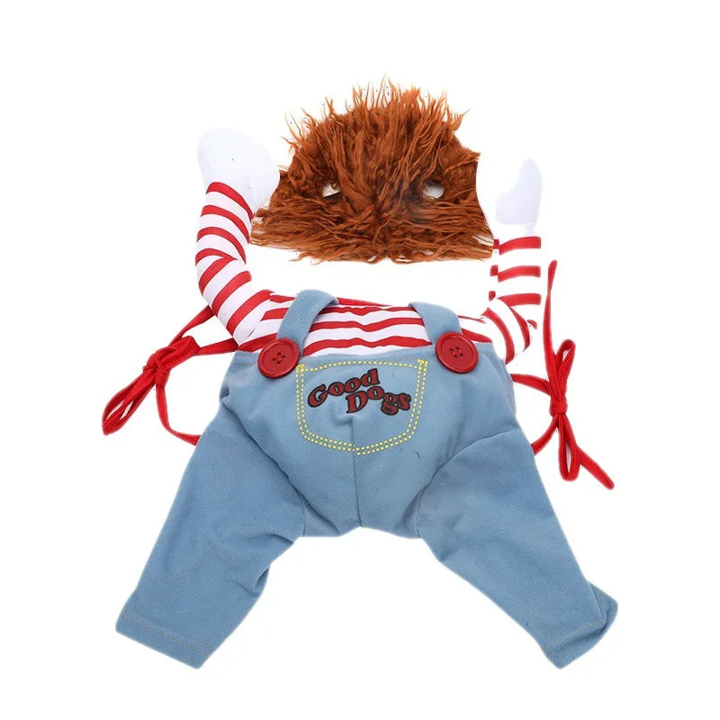 A small dog wearing a Chucky Jumpsuit Halloween costume with a furry head and red and white striped arms