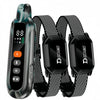 A black remote dog training collar with a digital display and shock function, shown next to its accompanying strap.