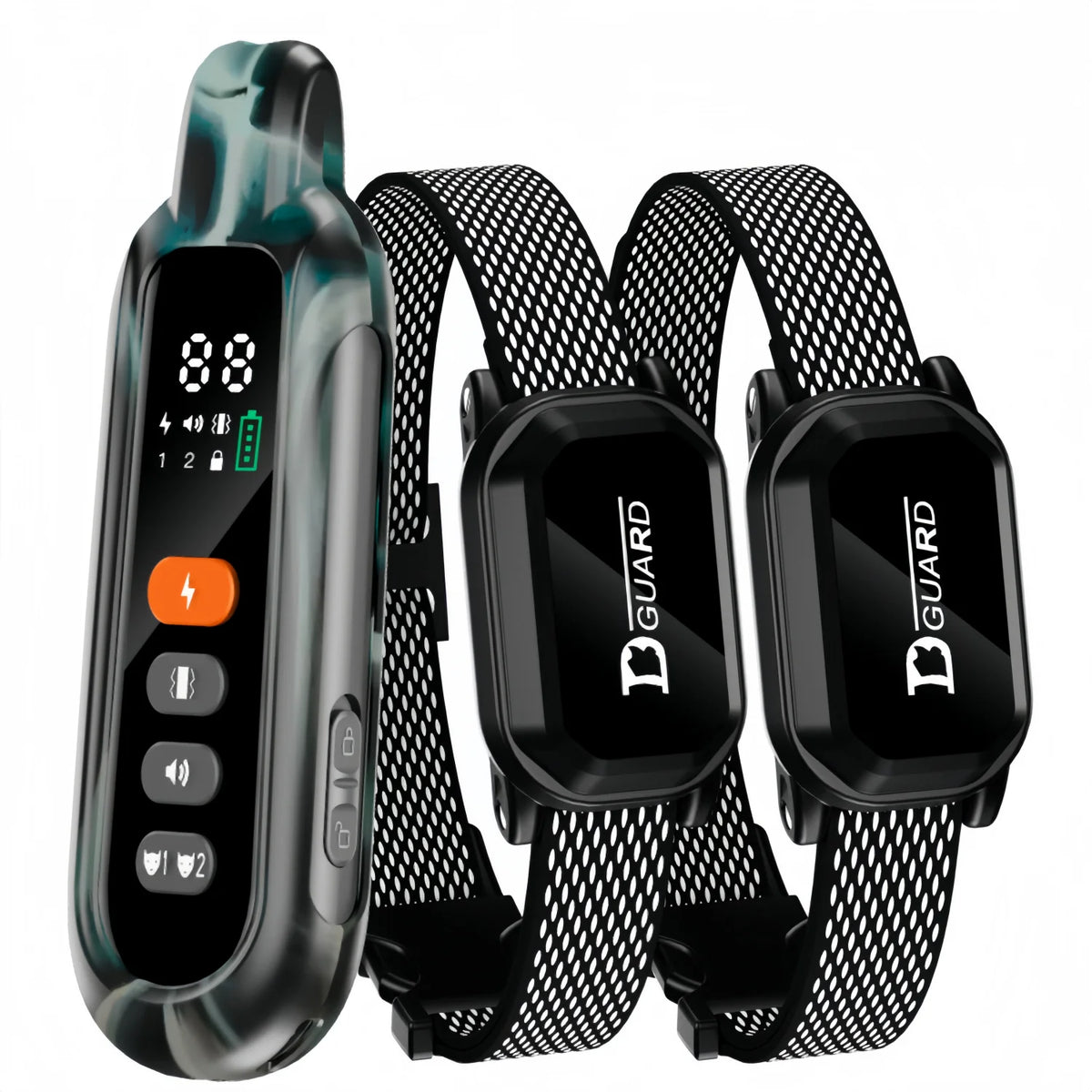 A black remote dog training collar with a digital display and shock function, shown next to its accompanying strap.
