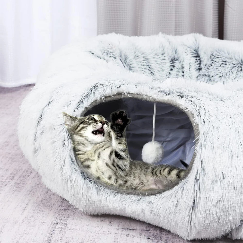 Fleece-Lined Cat Tunnel Bed with Removable Cover