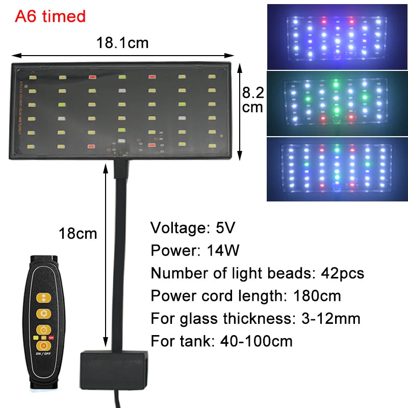 A6 timed full spectrum LED grow light fixture with a 18cm rod, 42 light beads, and various thickness specifications.