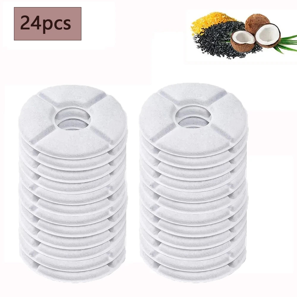 A set of 24 white activated carbon replacement filters stacked in a circular pattern.