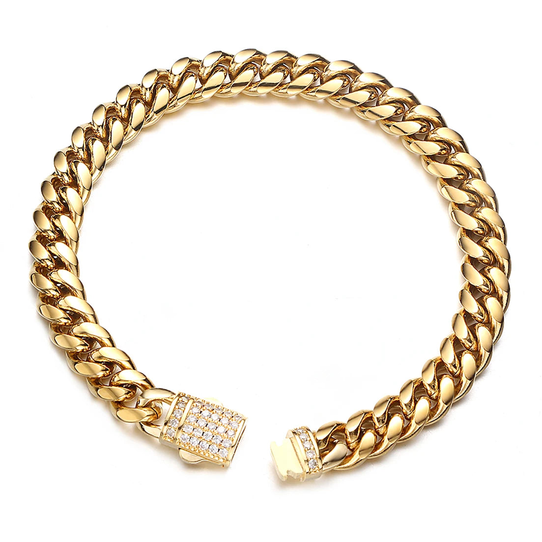A gold-toned stainless steel curb chain bracelet with diamond accents.