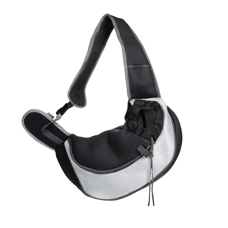 A black and gray breathable mesh pet carrier sling with a padded strap for carrying pets.