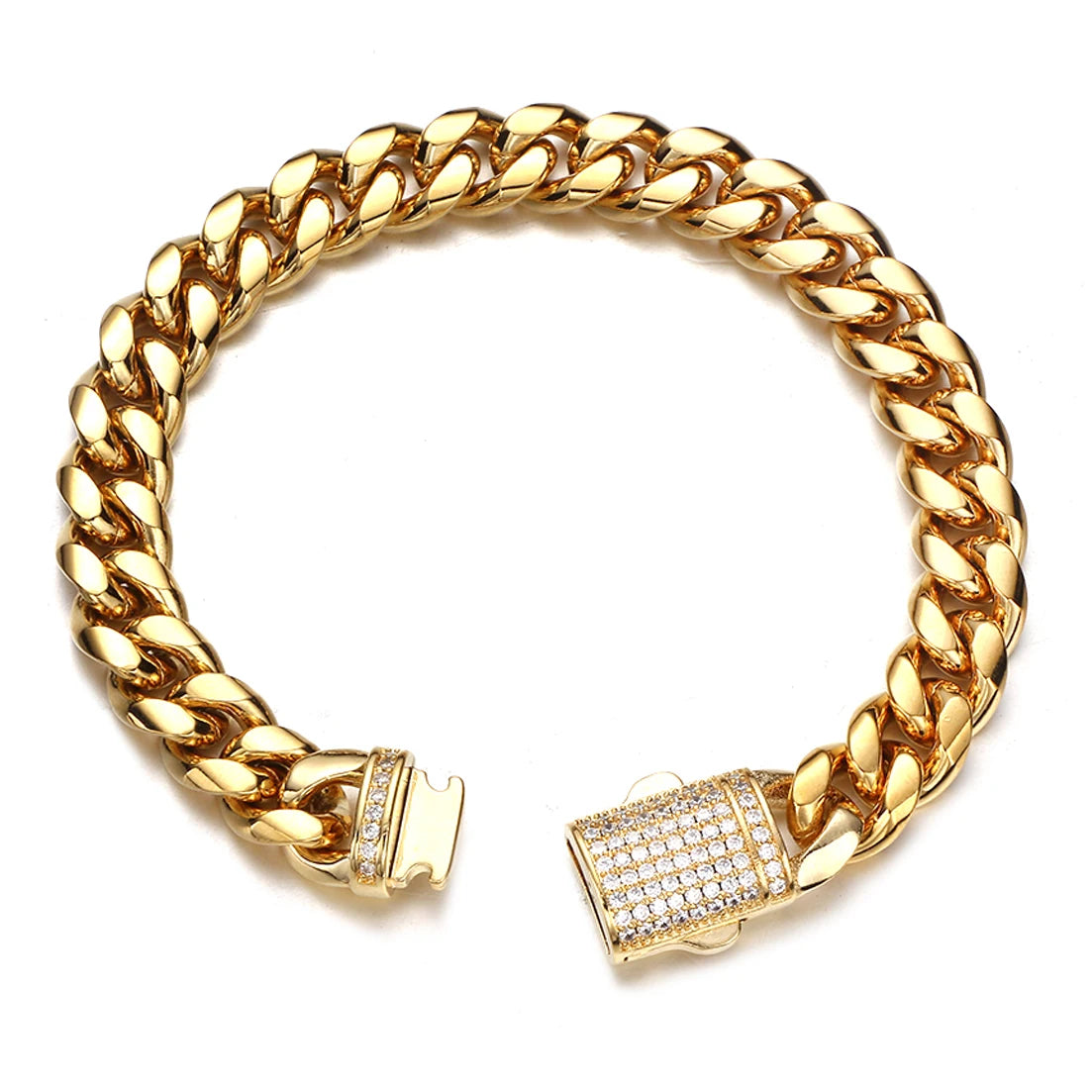 A gold stainless steel curb chain bracelet is shown against a white background.