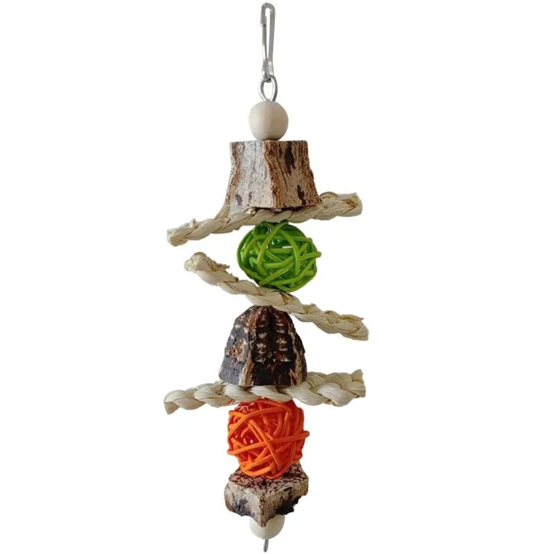 Stainless steel parrot chew toy featuring accent cups made of wood and natural fibers