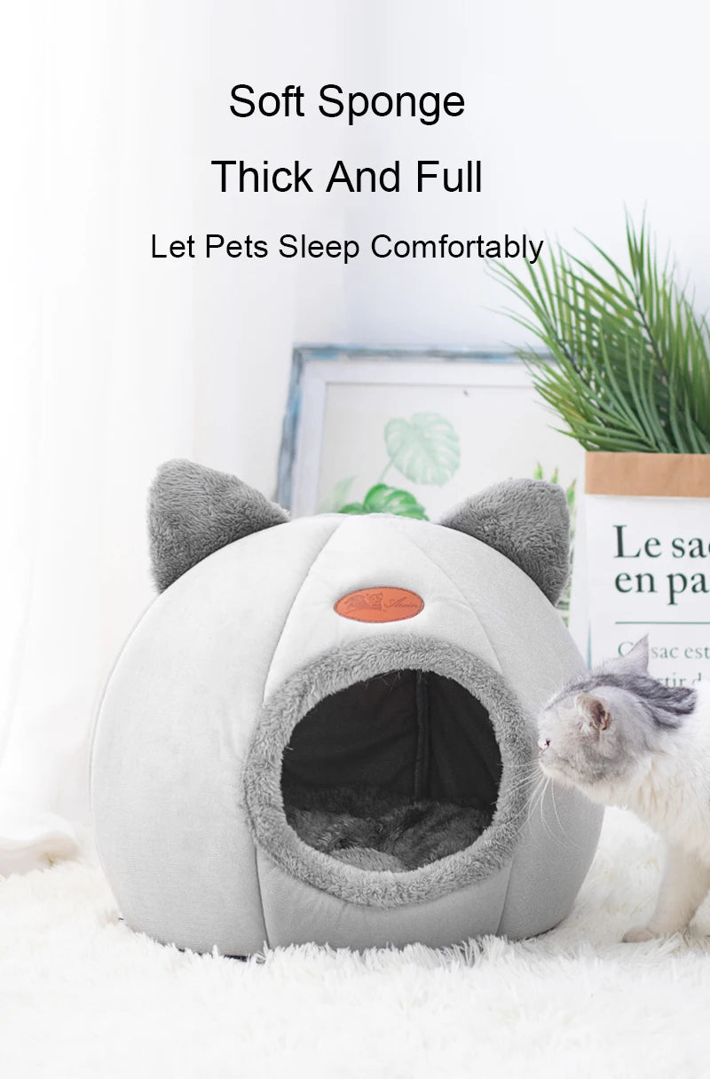 Cat Head-Shaped Cozy Cave Bed for Small to Medium Pets