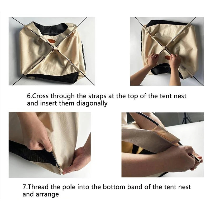 Instructions showing how to cross straps and thread a pole into the bottom band of a foldable outdoor cat tent