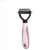 A pink and gray stainless steel pet hair removal comb brush for dogs and cats.