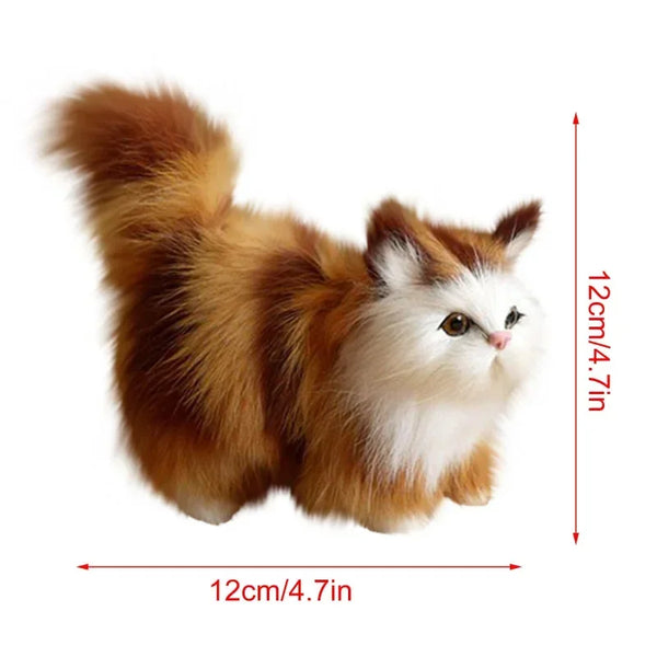 A fluffy orange and white cat plush toy shown from above with dimensions 12cm by 4.7in.