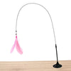 A black feather wand toy with a long line and pink feathers is displayed against a wooden surface.