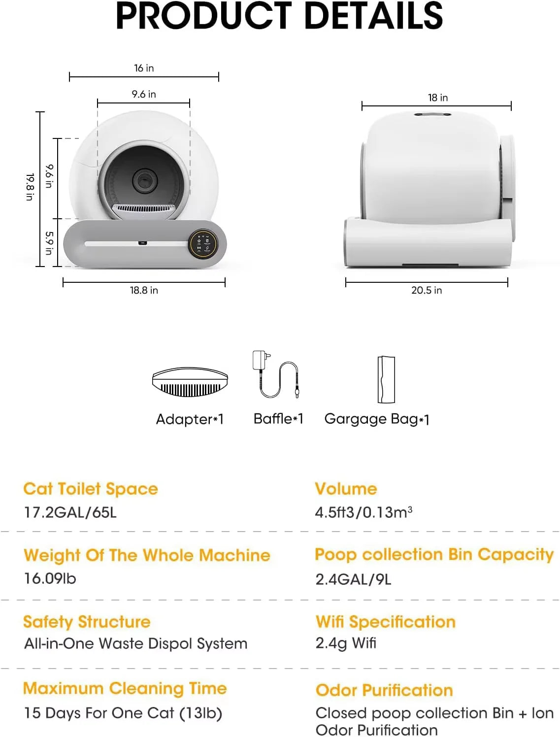 White automatic self-cleaning cat litter box with various adapters and accessories shown with dimensions.