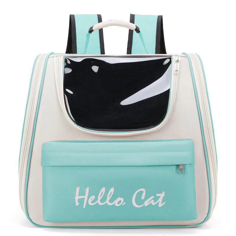 Sac à dos vert menthe clair avec un panneau noir et le texte Hello Cat.