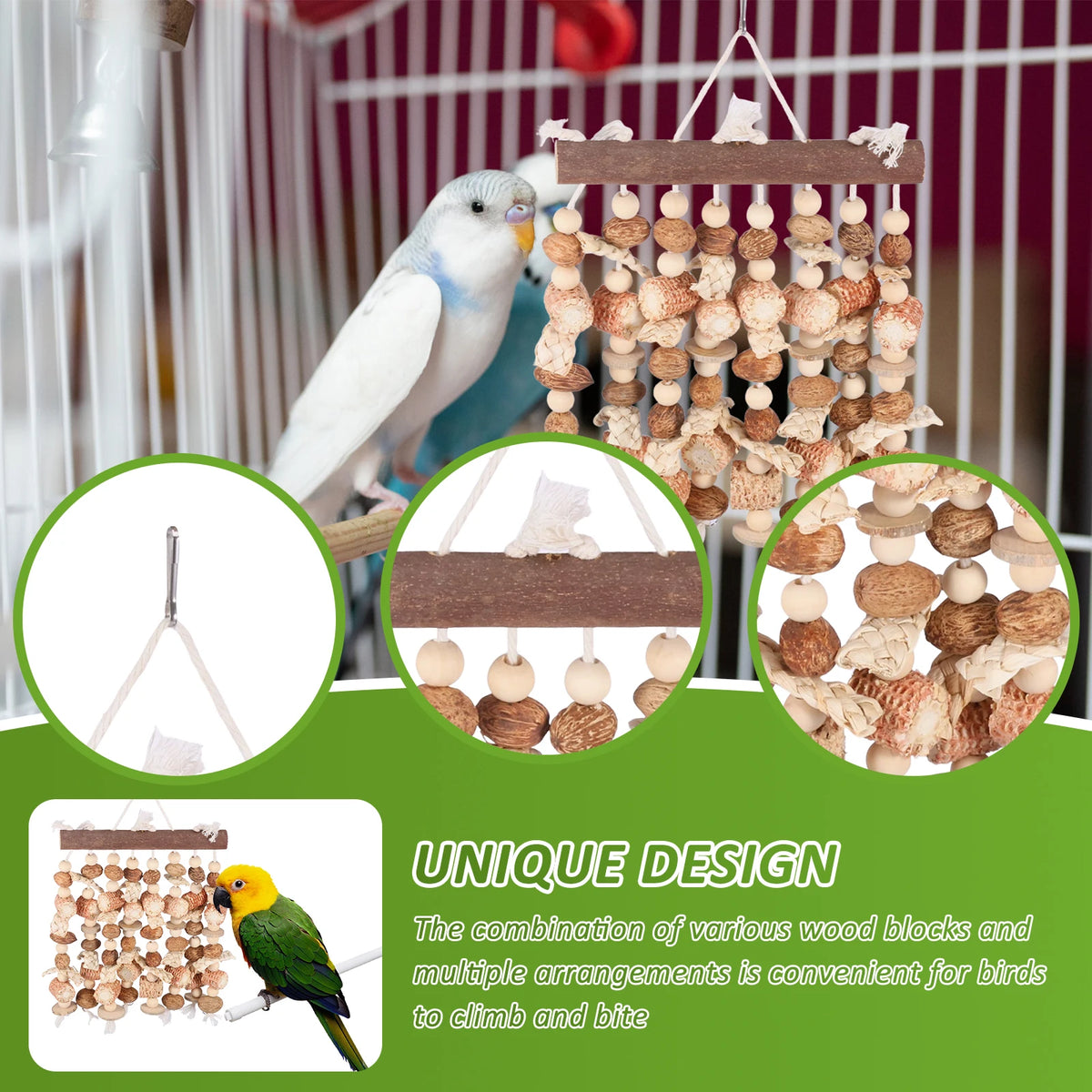 Natural wood parrot chewing and climbing toy featuring various arrangements of wood blocks for birds