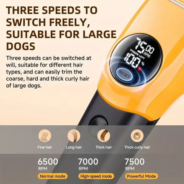 Close-up of a yellow pet hair trimmer showing different speed modes for trimming dog hair.